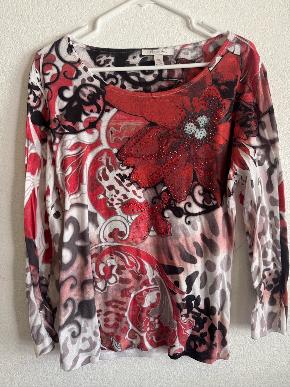 JM Collection Red Floral Long Sleeve Scoop Neck Top with Rhinestone Detail